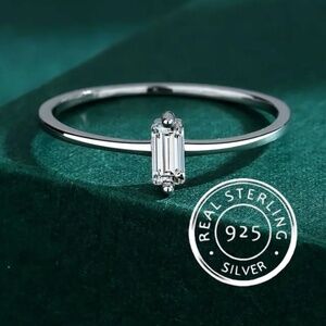 Petite  Solid Sterling Silver  Emerald Cut Solitaire CZ Diamond Minimalist Ring